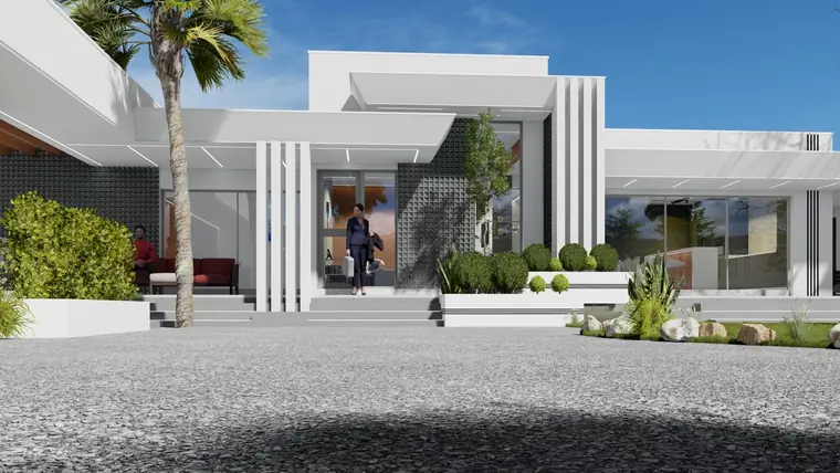 Render 3D de projeto arquitetónico de moradia moderna